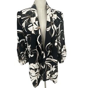 Chicos Navy White Floral Print Blazer Jacket Women Sz 2 US 12 Gathered Sleeve